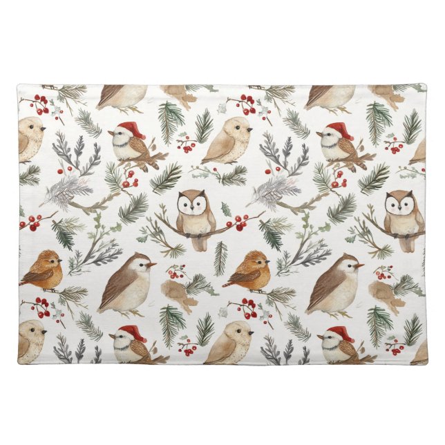 Cute Watercolor Winter Bird and Twig Pattern Cloth Placemat (Front)