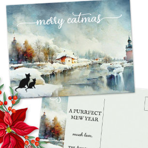 Cute Watercolor Winter Cat Christmas New Year Card