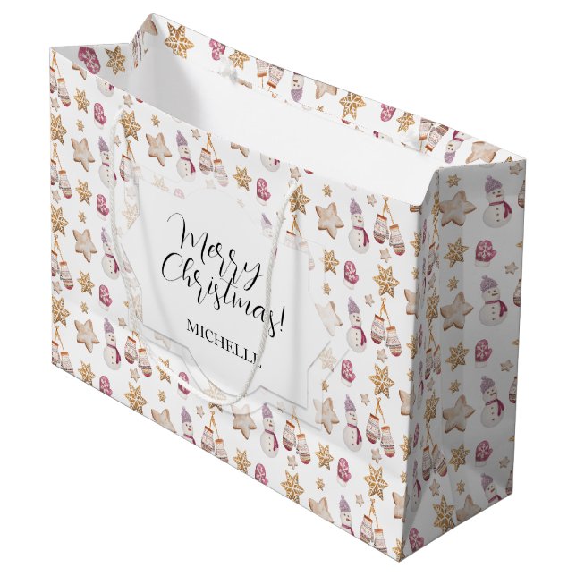 Cute Watercolor Winter Glowes Snowman Cookies Large Gift Bag (Front Angled)