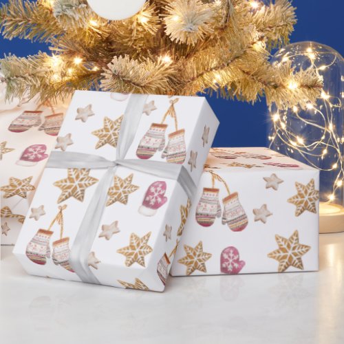 Cute Watercolor Winter Glowes Snowman Cookies Wrapping Paper