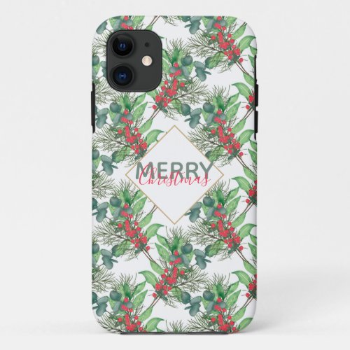 Cute Watercolor Winter green Foliage red berries iPhone 11 Case