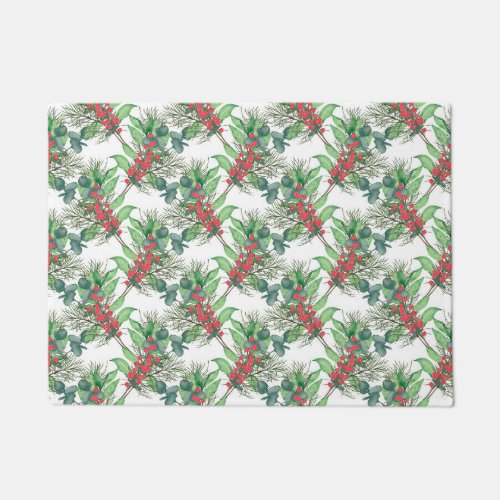 Cute Watercolor Winter Green Foliage red berries Doormat