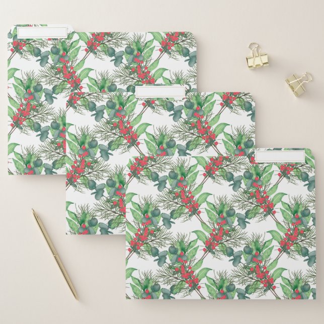 Cute Watercolor Winter Green Foliage red berries File Folder (Set)