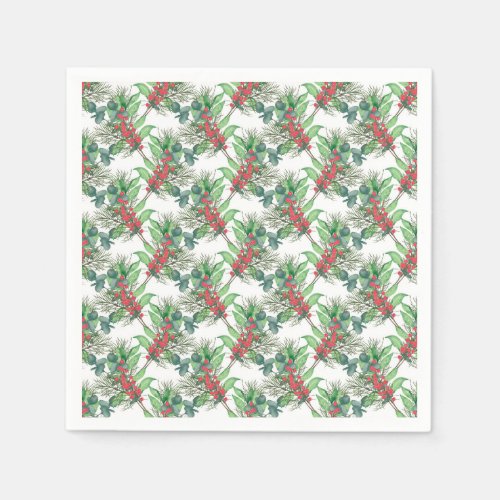 Cute Watercolor Winter Green Foliage red berries Napkins