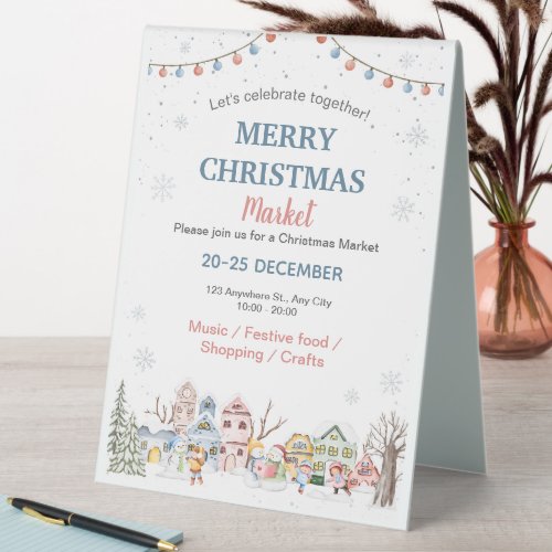 Cute Watercolor Winter Holiday Christmas Market  Table Tent Sign