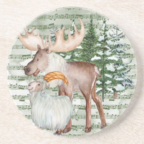 Cute Watercolor Winter Moose and Goat  Coaster