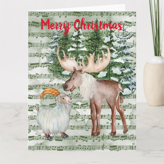 Cute Watercolor Winter Moose and Goat Holiday Card (Front)