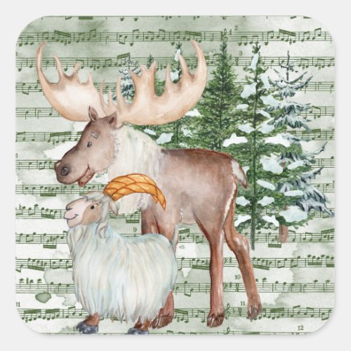 Cute Watercolor Winter Moose and Goat Square Sticker