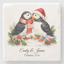 Cute Watercolor Winter Puffins Christmas