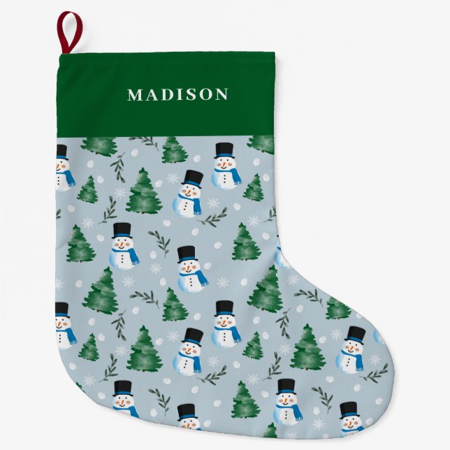 Cute Watercolor Winter Snow Pattern Large Christmas Stocking (Front)