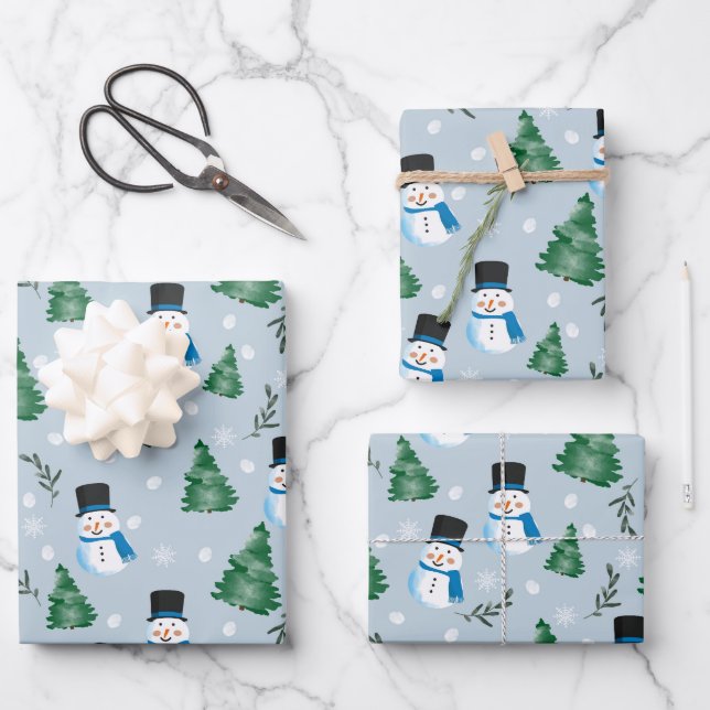 Cute Watercolor Winter Snow Pattern Wrapping Paper Sheets (Front)