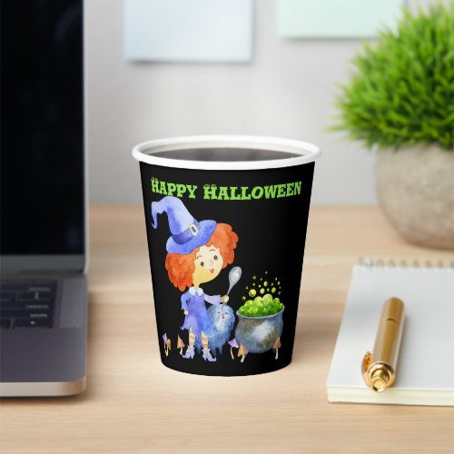 Cute Watercolor Witch Cat Cauldron Halloween Paper Cups