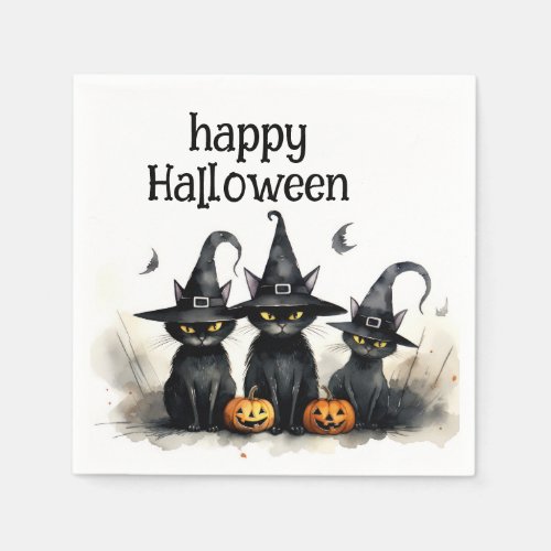 Cute Watercolor Witch Cats Pumpkins Halloween Napkins