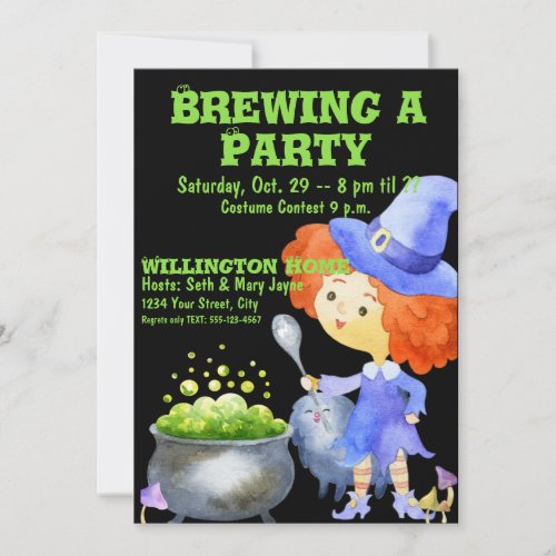 Cute Watercolor Witch Purple Green Halloween Party Invitation
