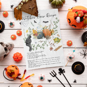 Cute Watercolor Witches Brew Recipe Halloween Kitchen Towel