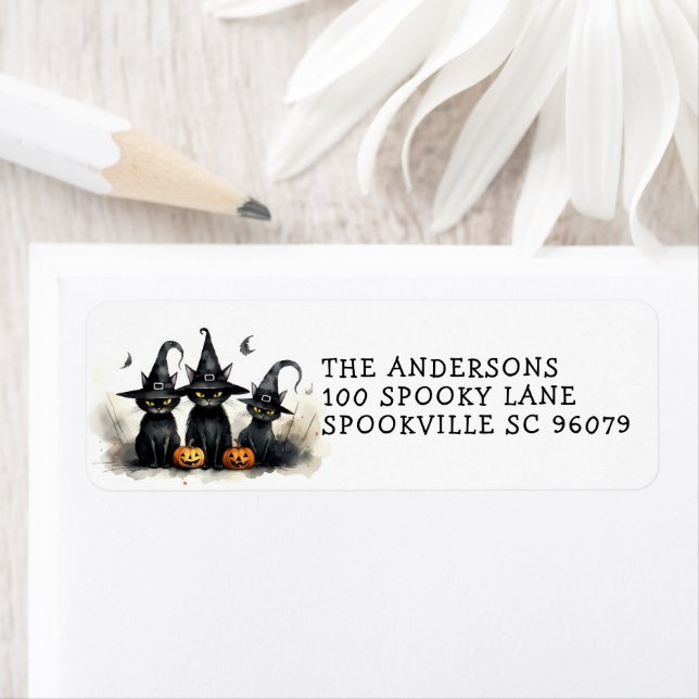 Cute Watercolor Witchy Cats Pumpkin Halloween Label (Insitu)