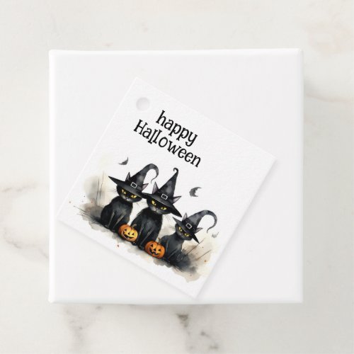 Cute Watercolor Witchy Cats Pumpkins Halloween Favor Tags