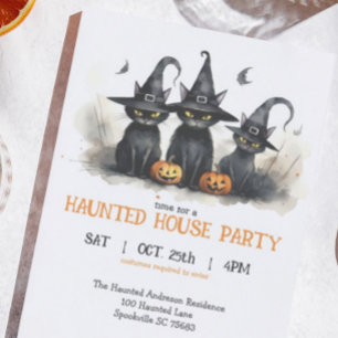 Cute Watercolor Witchy Cats Pumpkins Halloween Invitation