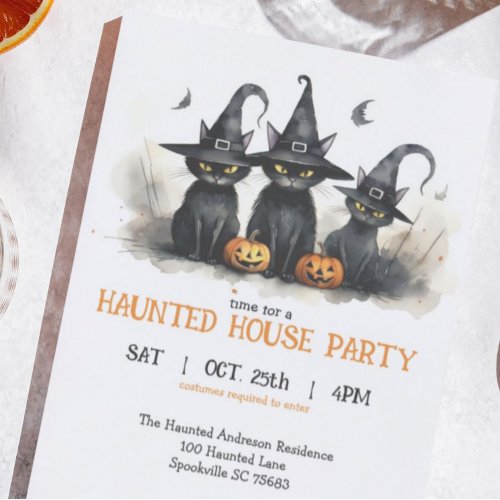 Cute Watercolor Witchy Cats Pumpkins Halloween Invitation