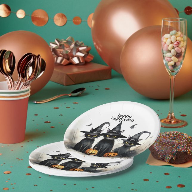 Cute Watercolor Witchy Cats Pumpkins Halloween Paper Plates (Multi)