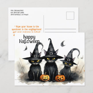 Cute Watercolor Witchy Cats Pumpkins Halloween Postcard