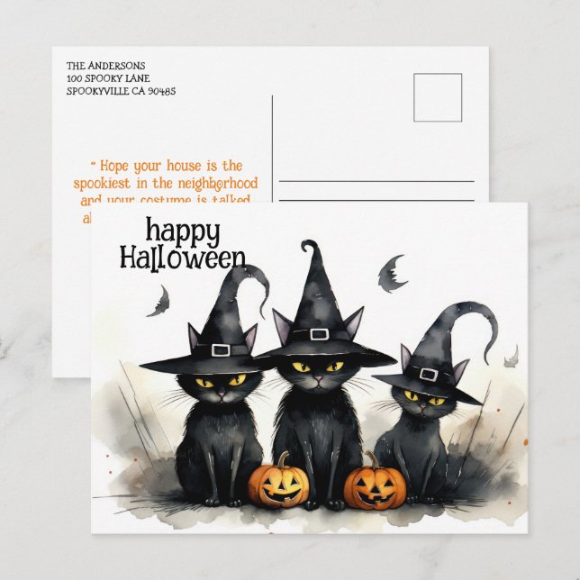 Cute Watercolor Witchy Cats Pumpkins Halloween Postcard (Front/Back)