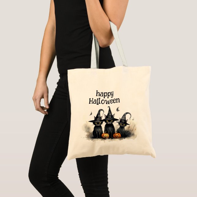 Cute Watercolor Witchy Cats Pumpkins Tote Bag (Front (Product))