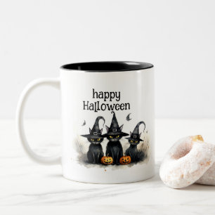 Cute Watercolor Witchy Cats Pumpkins Two-Tone Coffee Mug