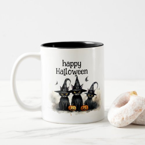 Cute Watercolor Witchy Cats Pumpkins Two_Tone Coffee Mug