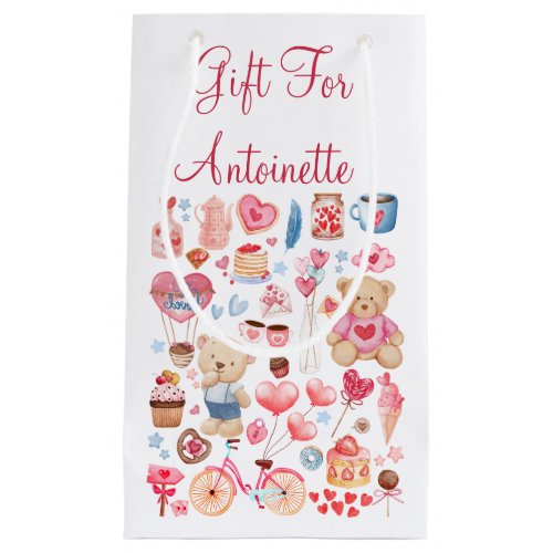 Cute watercolor with teddy bear heart and love  w small gift bag