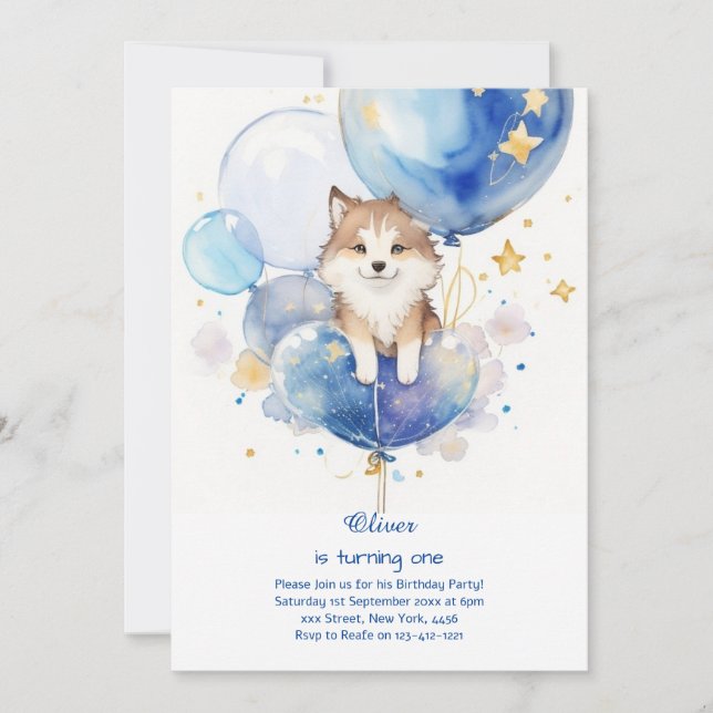 Cute Watercolor Wolf First Birthday Invitation (Front)