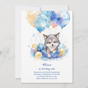 Cute Watercolor Wolf First Birthday Invitation