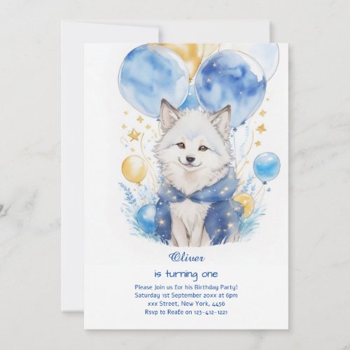 Cute Watercolor Wolf First Birthday Invitation