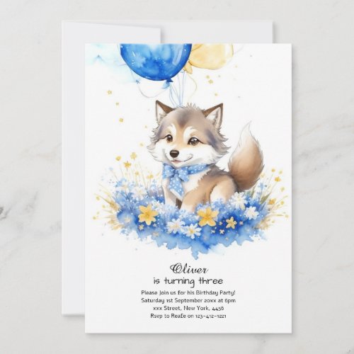 Cute Watercolor Wolf Pup Birthday Invitation