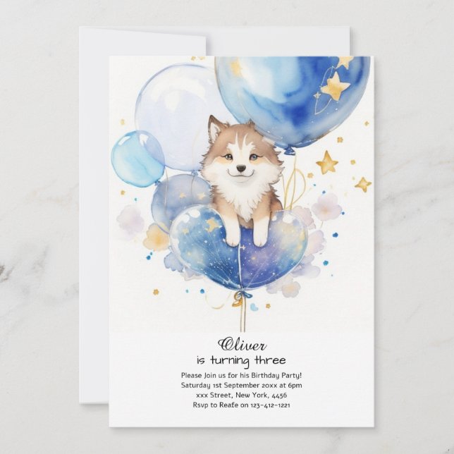 Cute Watercolor Wolf Pup Birthday Invitation (Front)
