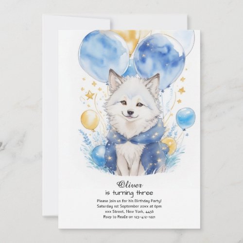 Cute Watercolor Wolf Pup Birthday Invitation