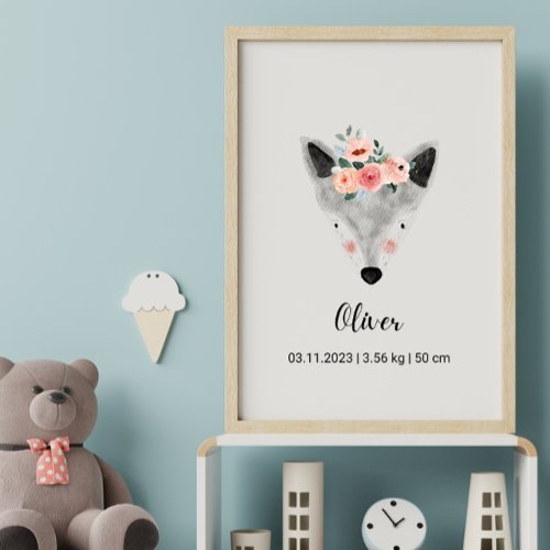 Cute Watercolor Wolf wFlowers  Boho Nursery Post Poster