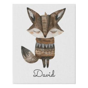 Cute Watercolor Woodland Animal Fox Baby Name Faux Canvas Print