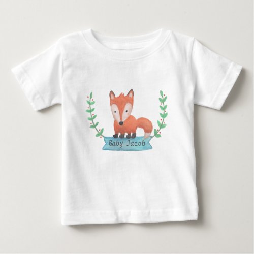 Cute Watercolor Woodland Animal Fox Name Baby T_Shirt