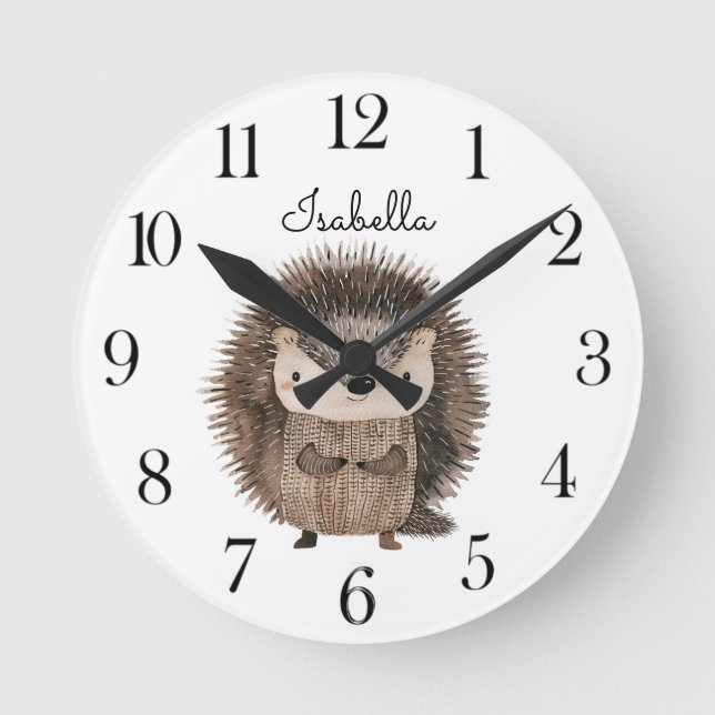 Cute Watercolor Woodland Animal Hedgehog Nursery  Round Clock (Front)