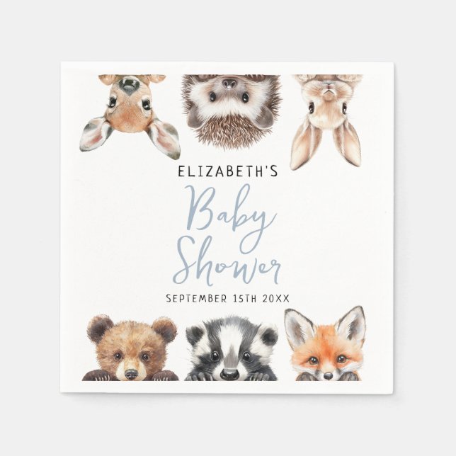Cute Watercolor Woodland Animals Boy Baby Shower Napkins (Front)