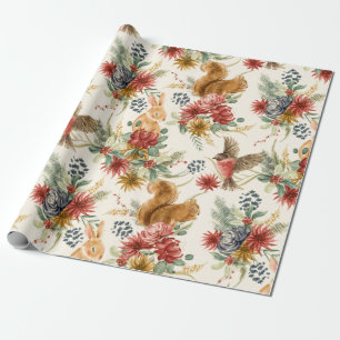 Cute Watercolor Woodland Animals Floral Pattern Wrapping Paper