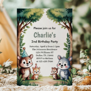 Cute Watercolor Woodland Animals Kids Birthday Invitation