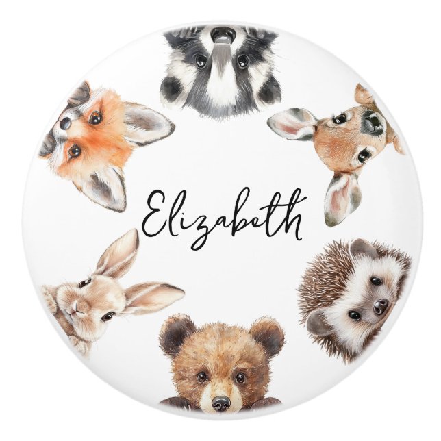 Cute Watercolor Woodland Animals Nursery Room Ceramic Knob (Front)