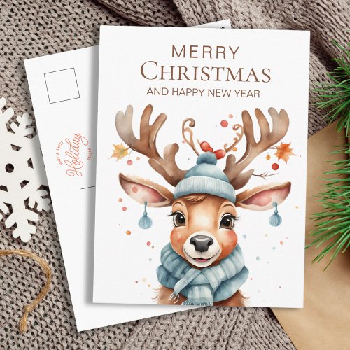 Cute Watercolor Woodland Christmas Reindeer Postcard