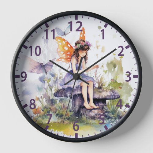 Cute Watercolor Woodland Fairy Butterfly Floral Clock