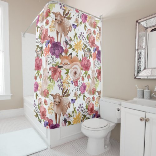 Cute Watercolor Woodland Forest Animals Floral Shower Curtain