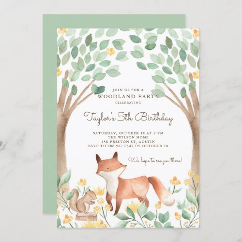 Cute Watercolor Woodland Fox Kids Birthday Party Invitation