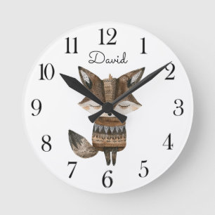 Cute Watercolor Woodland Fox Round Clock