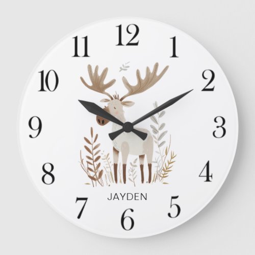 Cute Watercolor Woodland Moose Personalized Large Clock